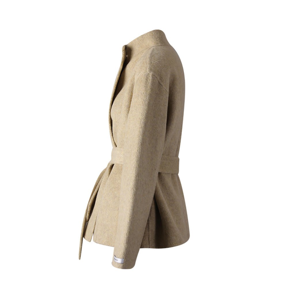 Beige Wool Coat With Wrap Belt, Soft Texture