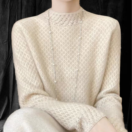 Casual Cashmere Sweater With Elegant Crochet And Semi-High Collar