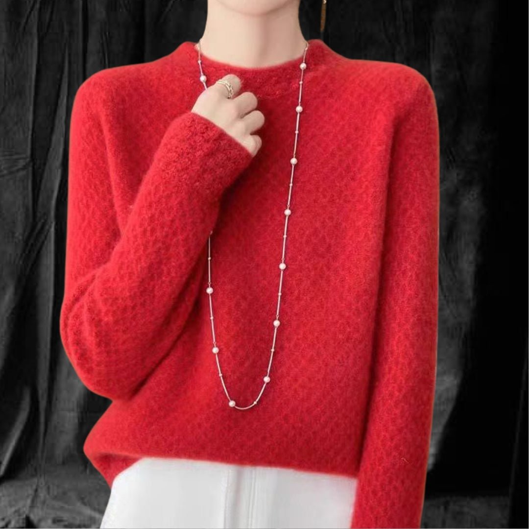Casual Cashmere Sweater With Elegant Crochet And Semi-High Collar
