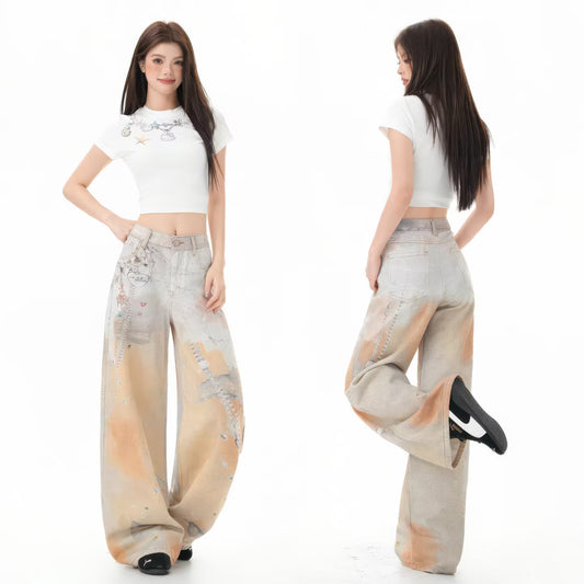 Graffiti Orange Jeans With 3D Print